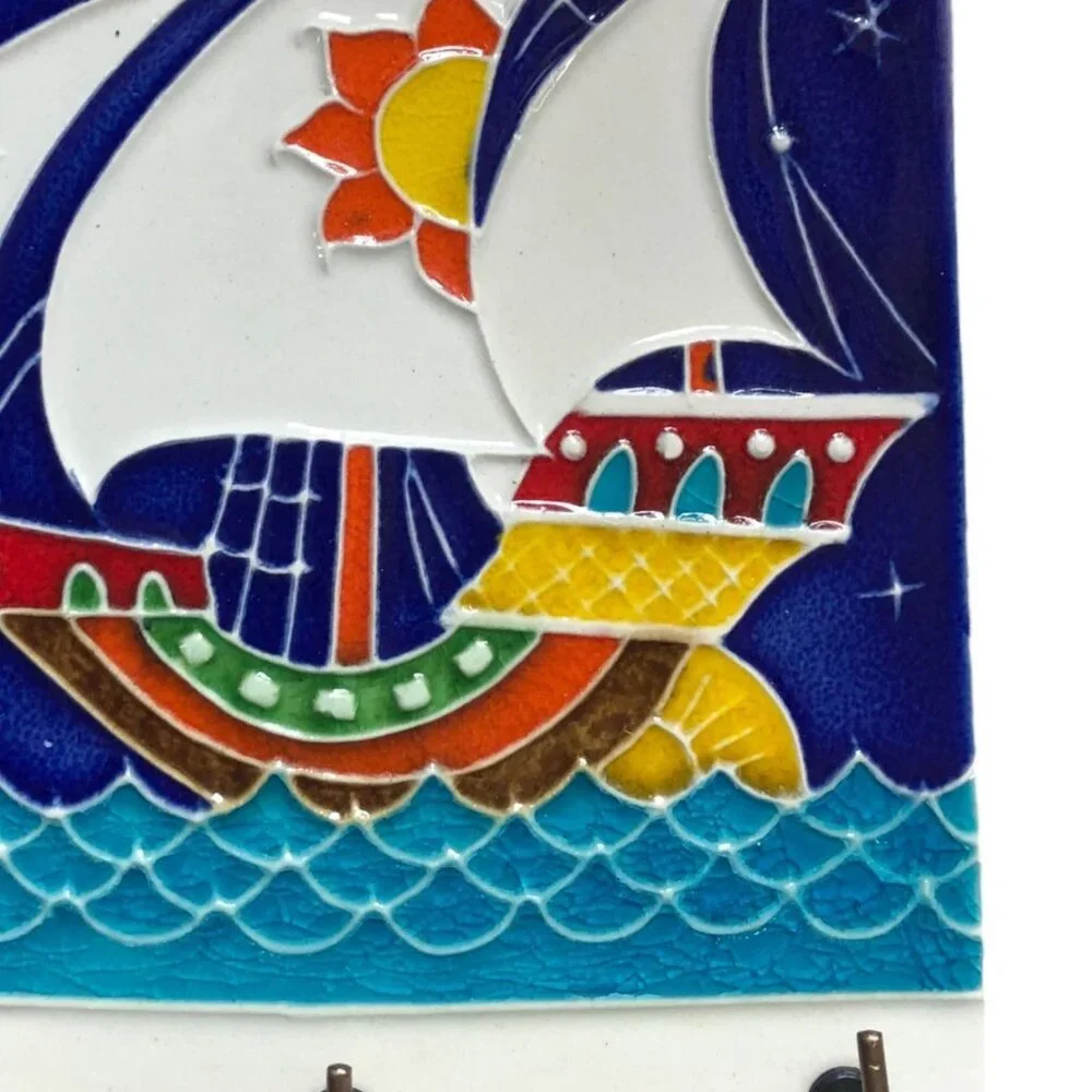 Vintage Luciano Saken Creazioni Italy Ceramic Key Holder Wall Tile Sailing Ship